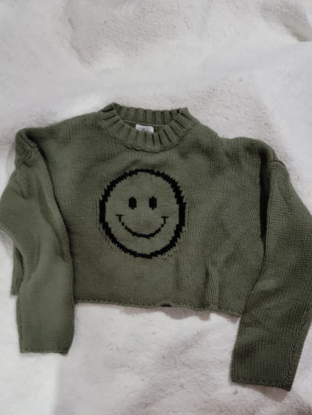 Rue21 Olive Green Cropped Crewneck Sweater with Black Smiley